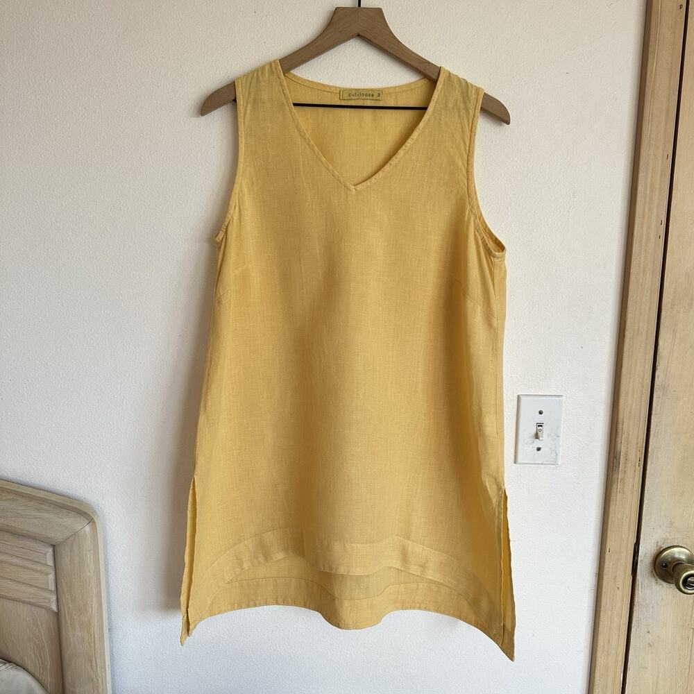Cut Loose 100% Linen V-Neck Tunic Top M Butter Yellow Lagenlook Minimalist USA